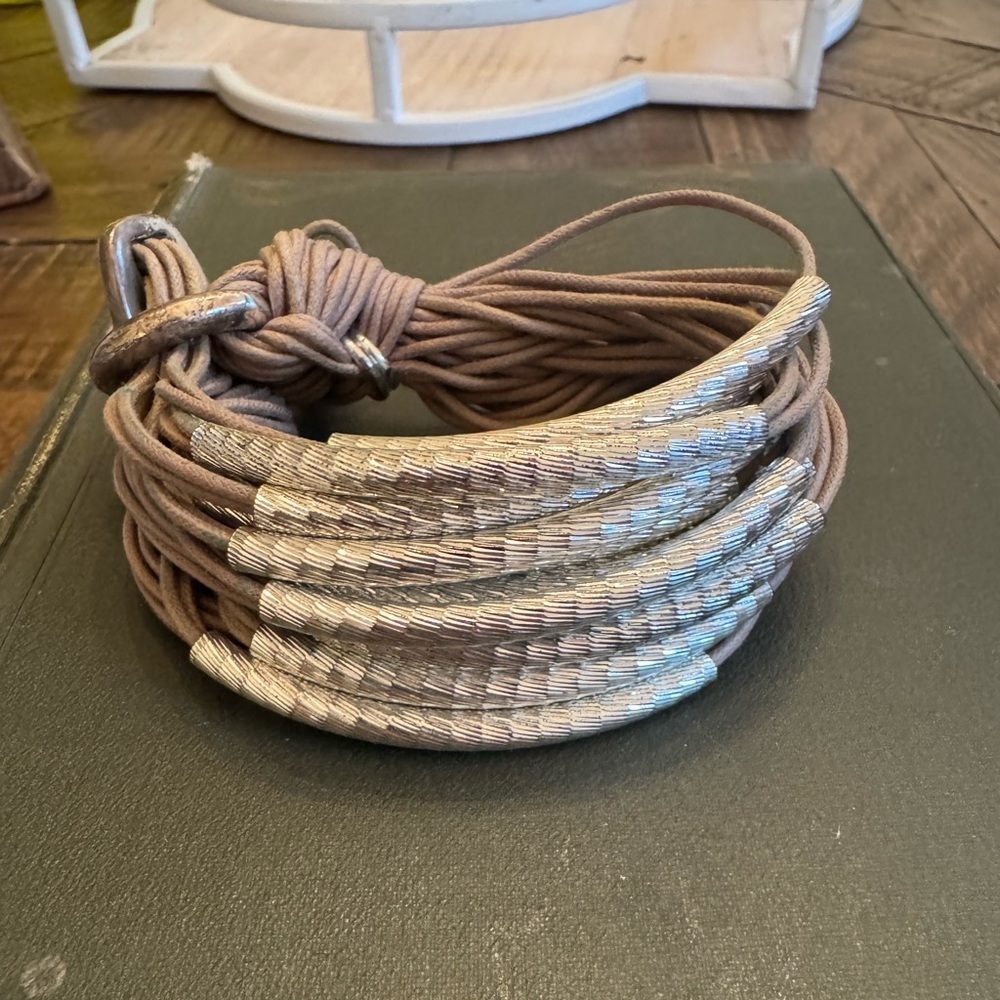 Gillian Julius Taupe and Textured/Hammered Silver Boho Style Bracelet